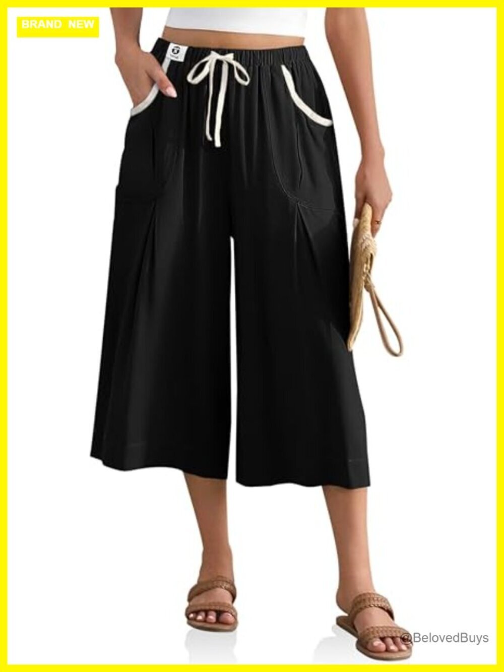 Linen Blend Drawstring Waist Wide Leg Capri Pants for Women